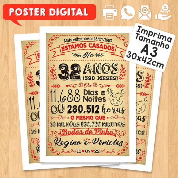 Arte Digital Chalkboard Bodas Pinho 32 Anos A3 30x42cm