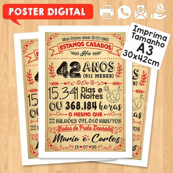 Arte Digital Chalkboard Bodas Prata Dourada 42 Anos 30x42cm