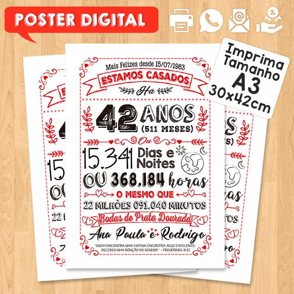 Arte Digital Chalkboard Bodas Prata Dourada 42 Anos 30x42cm