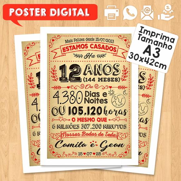 Arte Digital Chalkboard Bodas Seda 12 Anos A3 30x42cm