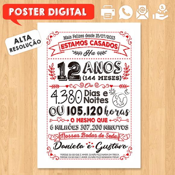 Arte Digital Chalkboard Bodas Seda 12 Anos A3 30x42cm