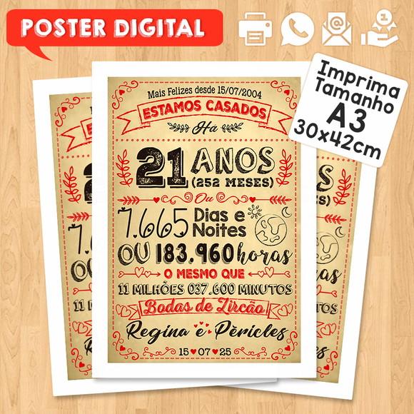 Arte Digital Chalkboard Bodas Zircão 21 Anos A3 30x42cm