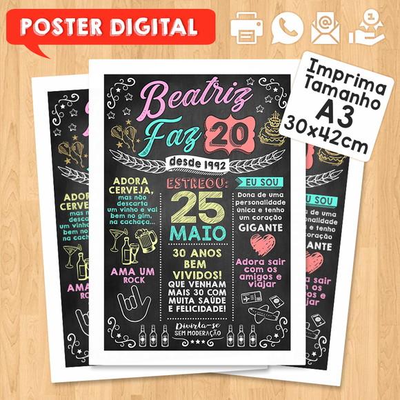 Arte Digital Chalkboard Poster Aniversário Beatriz Faz 20