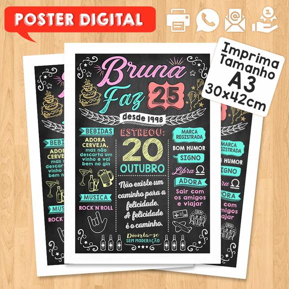 Arte Digital Chalkboard Poster Aniversário Bruna Faz 25