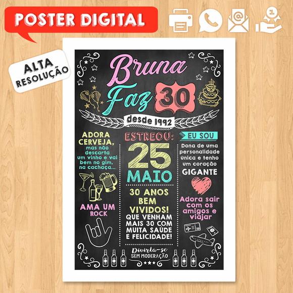 Arte Digital Chalkboard Poster Aniversário Bruna Faz 30