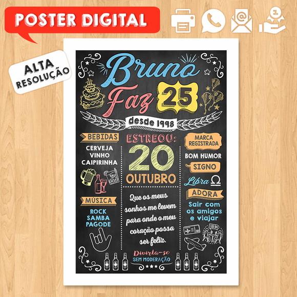 Arte Digital Chalkboard Poster Aniversário Bruno Faz 25