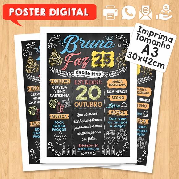 Arte Digital Chalkboard Poster Aniversário Bruno Faz 25