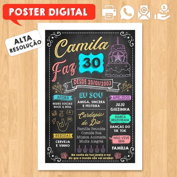 Arte Digital Chalkboard Poster Aniversário Camila Faz 30