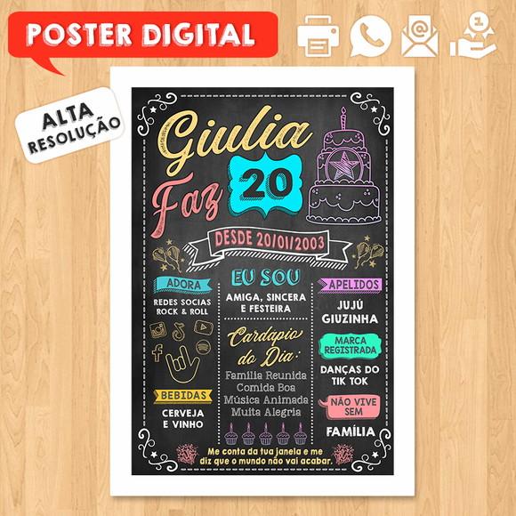 Arte Digital Chalkboard Poster Aniversário Giulia Faz 20