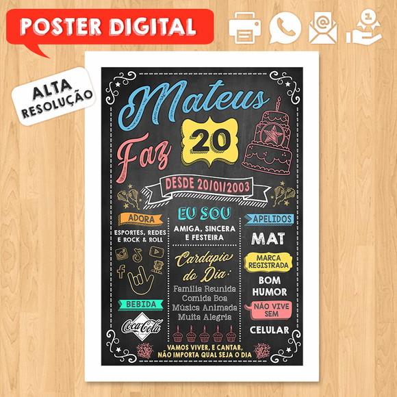 Arte Digital Chalkboard Poster Aniversário Mateus Faz 20
