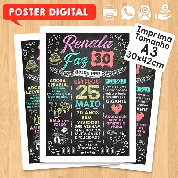 Arte Digital Chalkboard Poster Aniversário Renata Faz 30