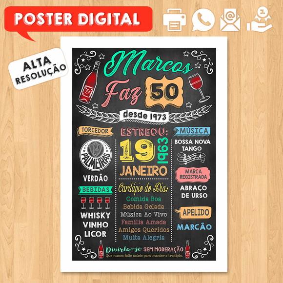 Arte Digital Chalkboard Poster Aniversário Vinho 50 Anos