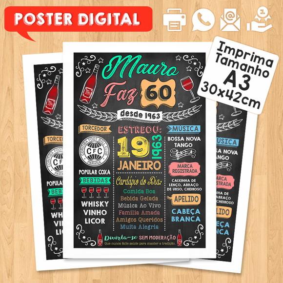 Arte Digital Chalkboard Poster Aniversário Vinho 60 Anos