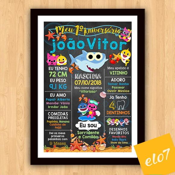 Chalkboard Aniversário Baby Shark c/ Moldura 30x42cm