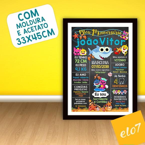 Chalkboard Aniversário Baby Shark c/ Moldura 30x42cm