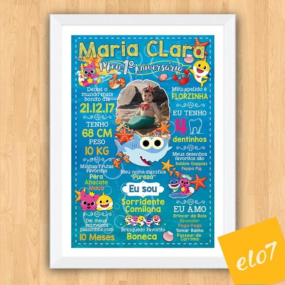 Chalkboard Aniversário Baby Shark C/ Moldura 30x42cm