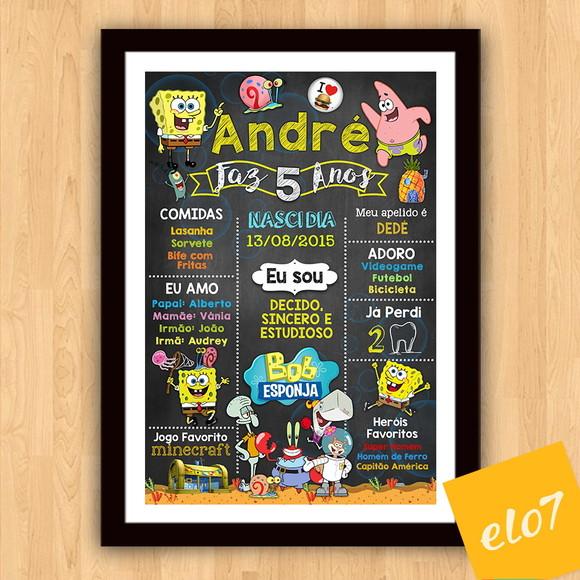 Chalkboard Aniversário C/ Moldura Bob Esponja 5 Anos 30x42cm