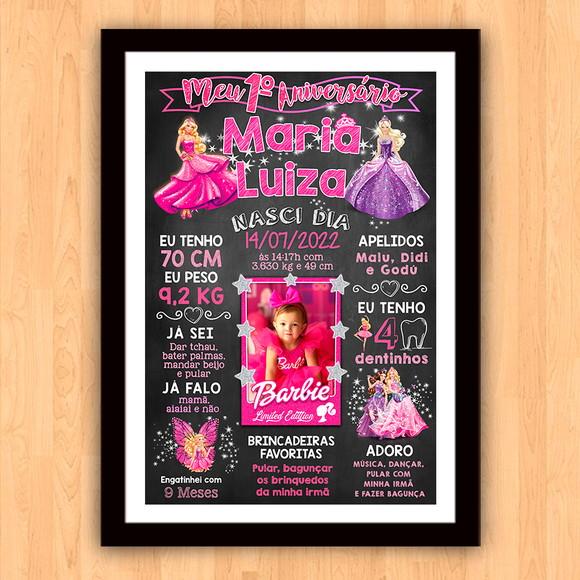 Chalkboard Aniversário c/ Moldura Barbie Princesas 30x42cm