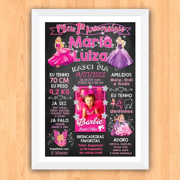 Chalkboard Aniversário c/ Moldura Barbie Princesas 30x42cm