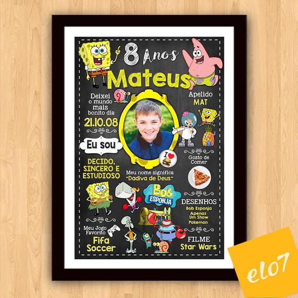 Chalkboard Aniversário C/ Moldura Bob Esponja 8 Anos 30x42cm