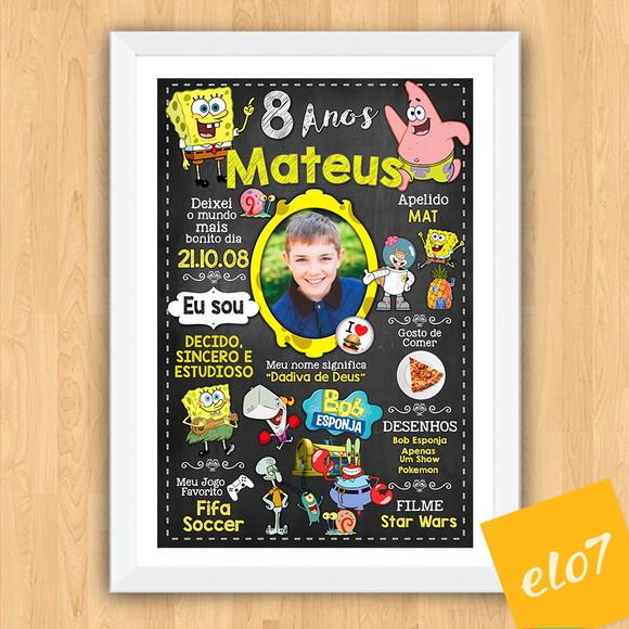 Chalkboard Aniversário C/ Moldura Bob Esponja 8 Anos 30x42cm