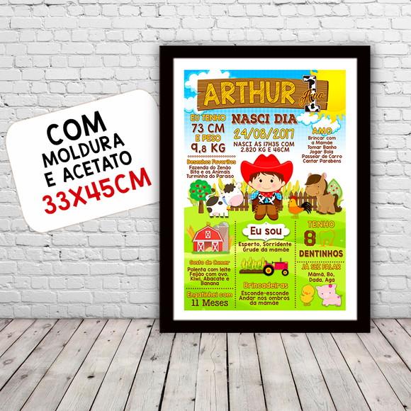 Chalkboard Aniversário c/ Moldura Cowboy Fazendinha 30x42cm