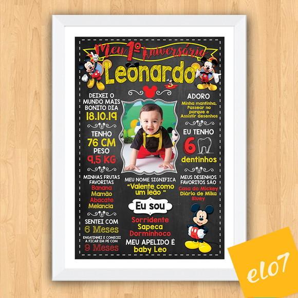 Chalkboard Aniversário C/ Moldura Mickey Mouse Foto 30x42cm