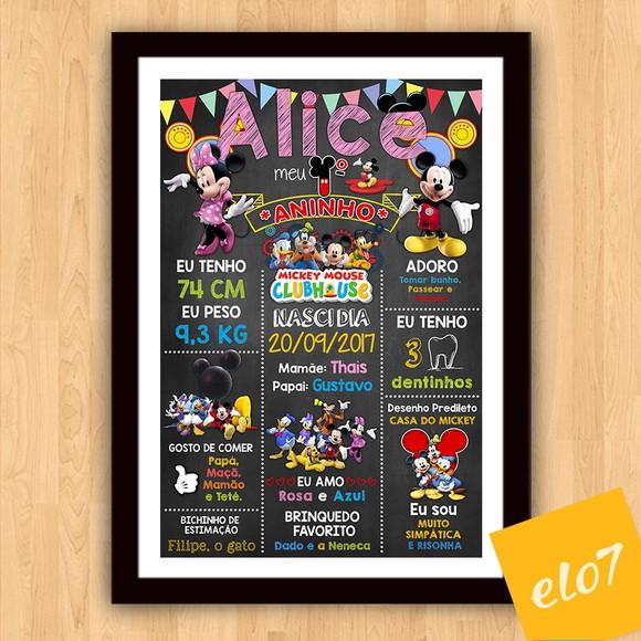 Chalkboard Aniversário C/ Moldura Minnie Mickey A3 30x42cm