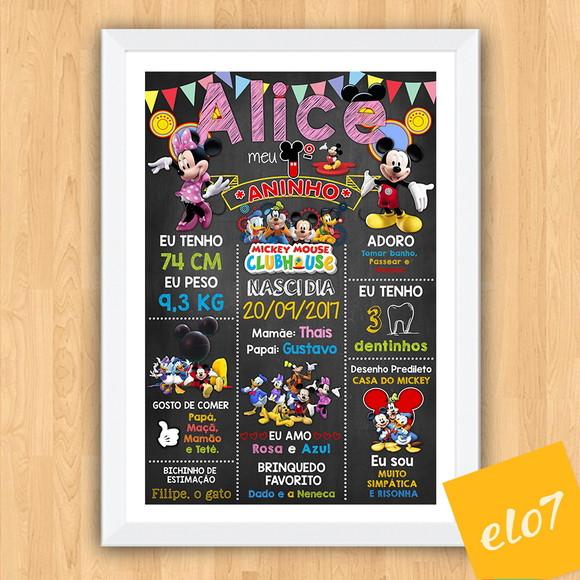 Chalkboard Aniversário C/ Moldura Minnie Mickey A3 30x42cm
