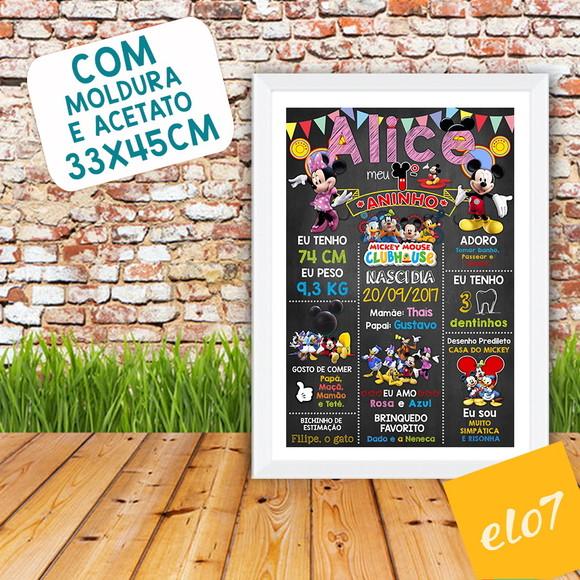 Chalkboard Aniversário C/ Moldura Minnie Mickey A3 30x42cm