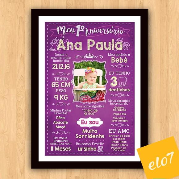 Chalkboard Aniversário C/ Moldura Princesa Roxo Uva 30x42cm