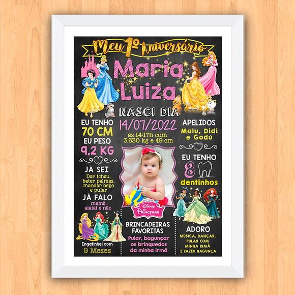 Chalkboard Aniversário c/ Moldura Princesas Disney 30x42cm