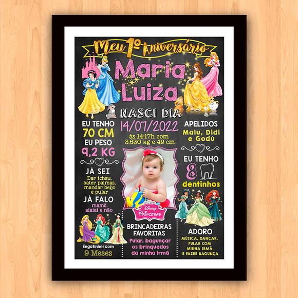 Chalkboard Aniversário c/ Moldura Princesas Disney 30x42cm