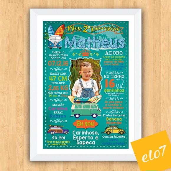 Chalkboard Aniversário C/ Moldura Surf Kombi 30x42cm