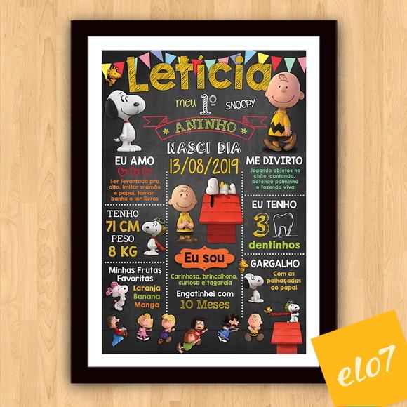 Chalkboard Aniversário C/ Moldura Turma Do Snoopy 30x42cm