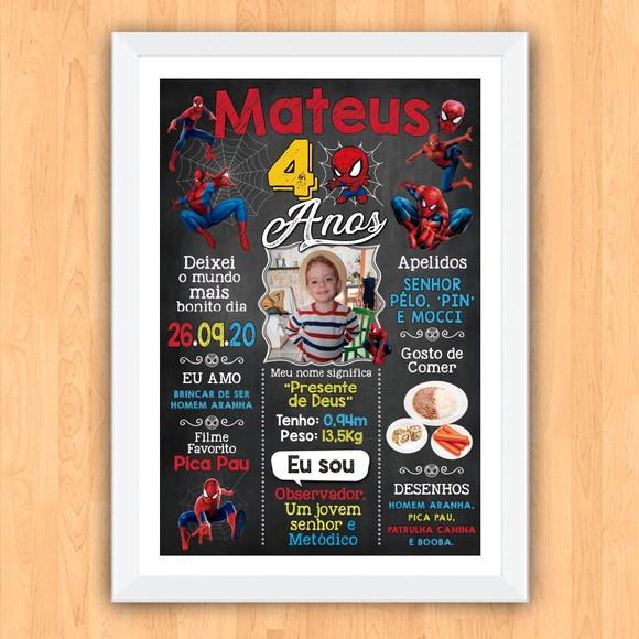 Chalkboard Aniversário Homem-aranha 4 Anos 30x42cm