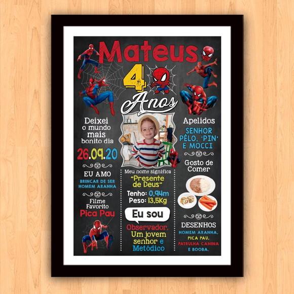 Chalkboard Aniversário Homem-aranha 4 Anos 30x42cm