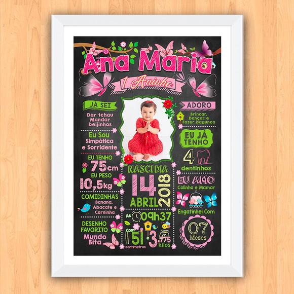 Chalkboard Aniversário Jardim Borboletas c/ Moldura 30x42cm