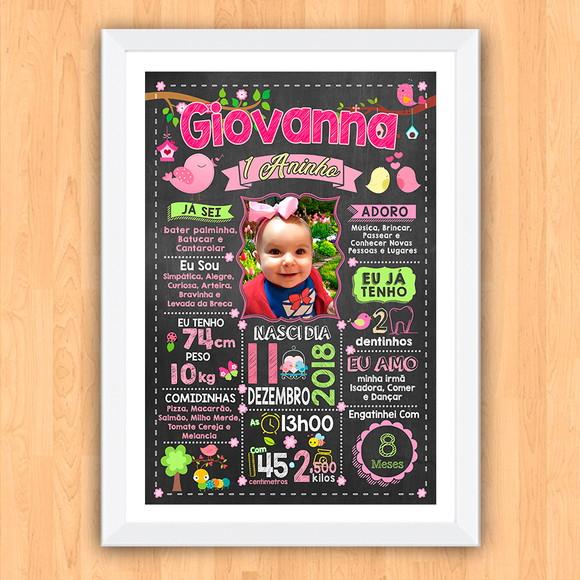 Chalkboard Aniversário Jardim de Pássaros c/ Moldura 30x42cm