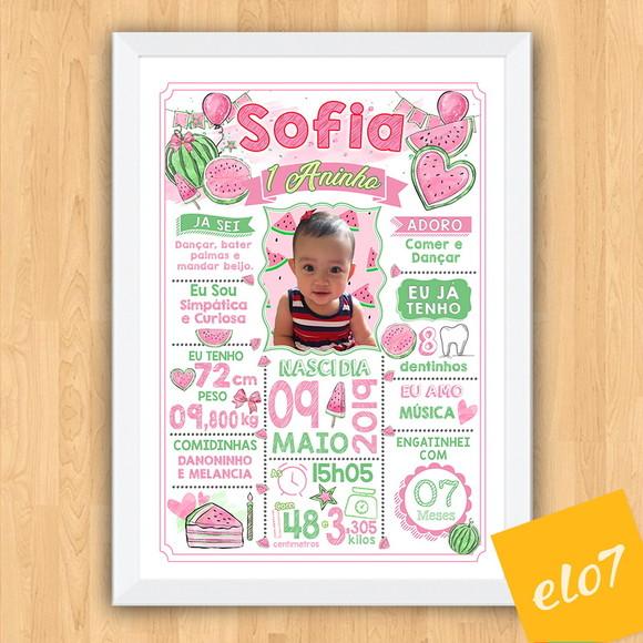 Chalkboard Aniversário Melancia Rosa C/ Moldura 30x42cm