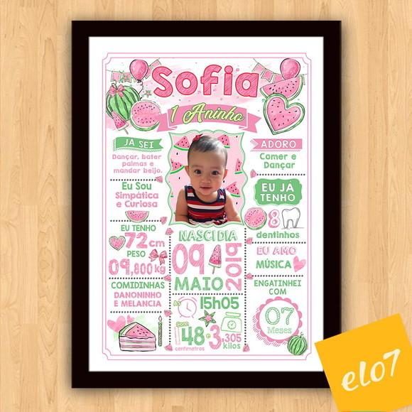Chalkboard Aniversário Melancia Rosa C/ Moldura 30x42cm