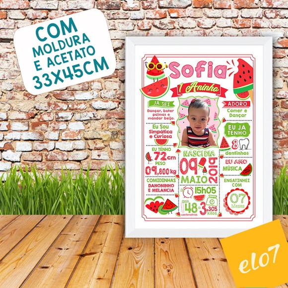 Chalkboard Aniversário Melancia Vermelha C/ Moldura 30x42cm