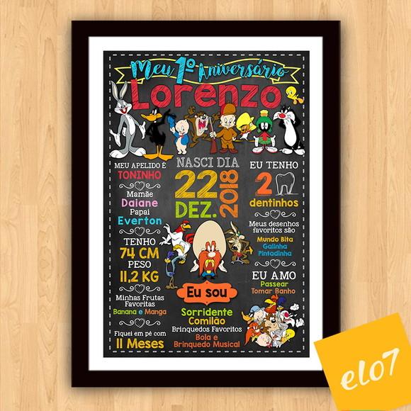Chalkboard Aniversário Moldura Turma Do Pernalonga 30x42cm