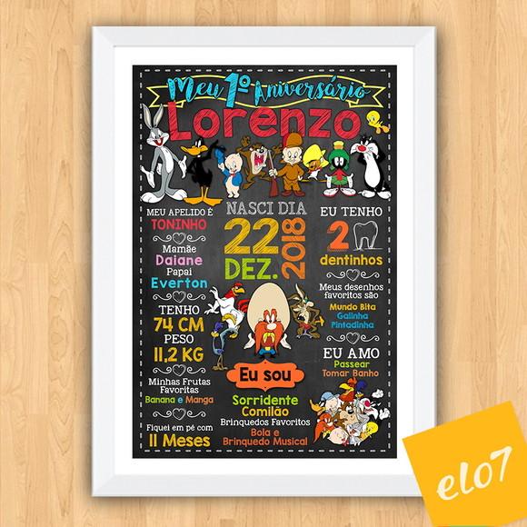 Chalkboard Aniversário Moldura Turma Do Pernalonga 30x42cm