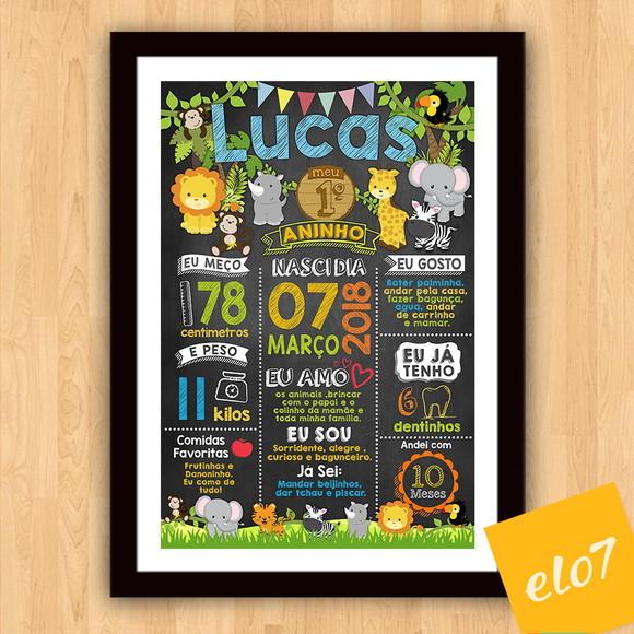 Chalkboard Aniversário Safari Zoológico Com Moldura 30x42cm
