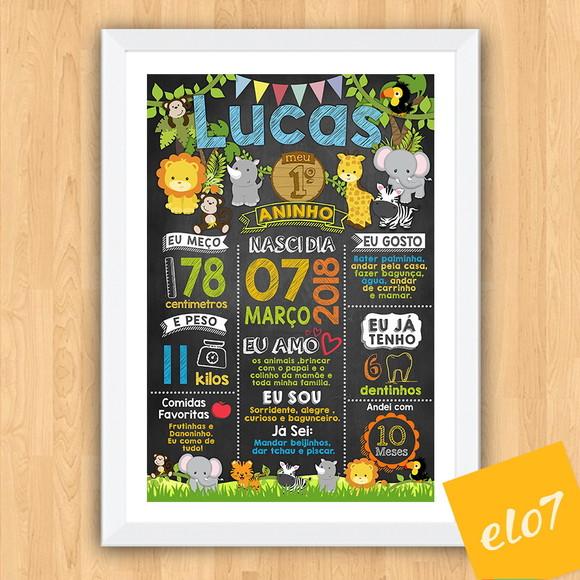 Chalkboard Aniversário Safari Zoológico Com Moldura 30x42cm
