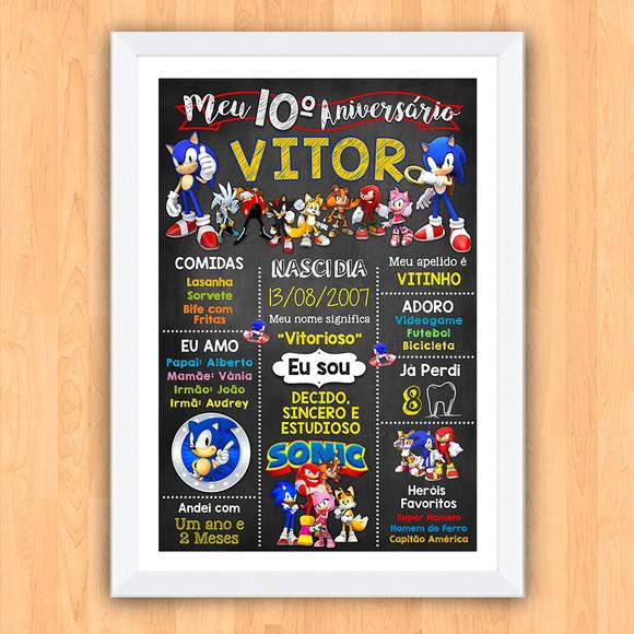 Chalkboard Aniversário Sonic com Foto 10 Anos 30x42cm