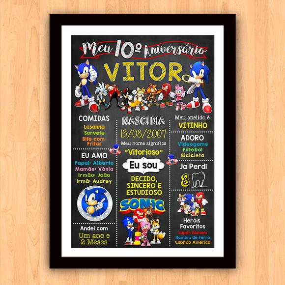 Chalkboard Aniversário Sonic com Foto 10 Anos 30x42cm