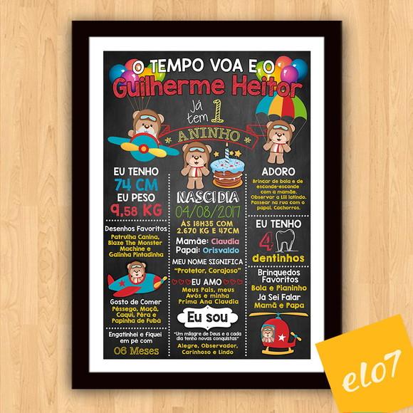 Chalkboard Aniversário Urso Aviador C/ Moldura 30x42cm