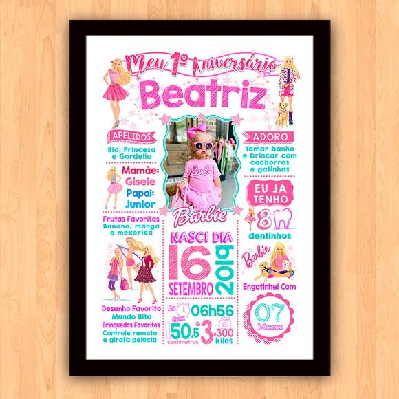 Chalkboard Quadro Aniversário c/ Moldura Barbie A3 30x42cm